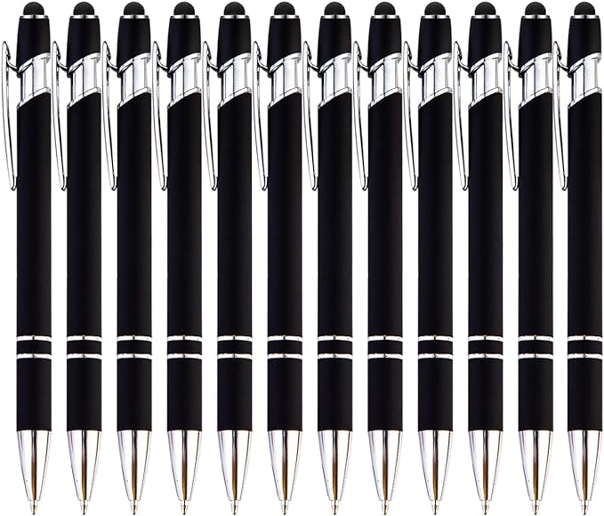 PASISIBICK 12 Pieces Black Ballpoint Pen with Stylus Tip, 2 in 1 Stylus Pen, Premium Metal Stylus Pen for Touch Screens, Black Ink, 1.0 mm Medium Point(12 Black)-DeskLoop Office