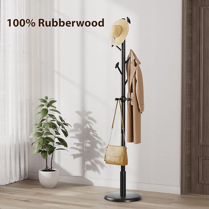 Solid Wood Coat Rack Freestanding Coat Tree with 10 Hooks for Bedroom, Livingroom, Entryway, Sturdy Coat Hanger Stand for Hats, Coats, Scarves, Handbags, Purses-DeskLoop Office