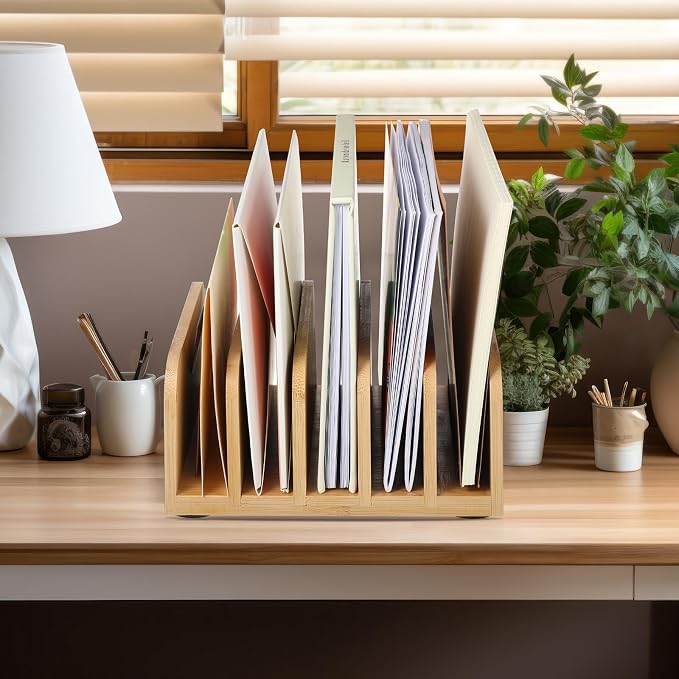 Lineshading Bamboo Letter Organizer, 5 Compartments Desk Mail Organizer - Image 4
