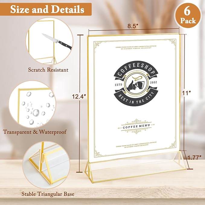 Floroom 6 Pack 8.5x11 Inch Clear Acrylic Sign Holders, Double-Sided Gold - Image 2