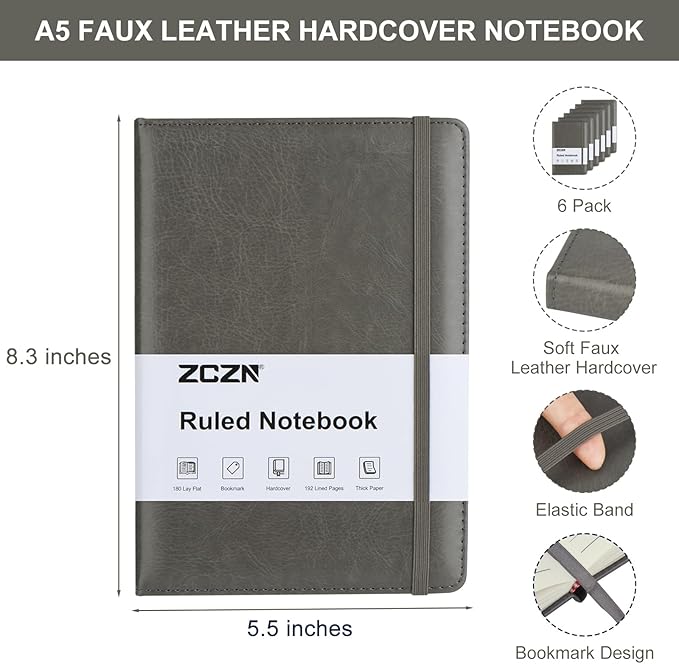 ZCZN 6 Pack Lined Journal Notebooks, 192 Pages A5 Hardcover Leather Journals for Work,Writing,School & Travel, College Ruled Journaling Notebooks for Notes Taking,Diary Notepad (Light Green*6)-DeskLoop Office