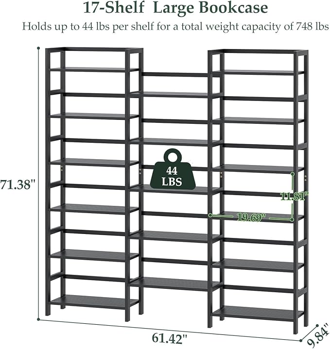 Homykic Bamboo Triple Wide Shallow Bookshelves and Bookcases, 6-Tier 6ft Tall Bookshelf with 17 Open Display Shelves, Super Large Freestanding Book Shelf for Home Office, Bedroom, Living Room, Black-DeskLoop Office