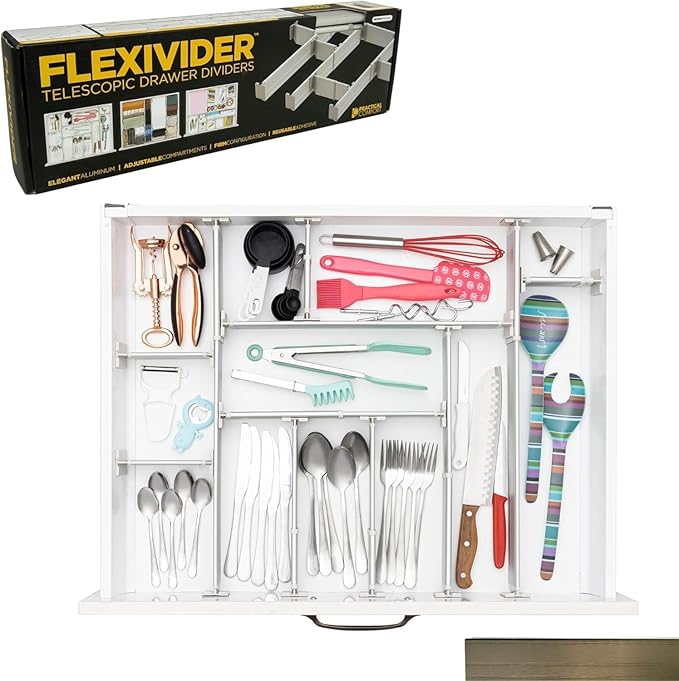 Practical Comfort FLEXIVIDER Aluminum Drawer Organizer - 9 Telescopic Dividers Set - Champagne-DeskLoop Office