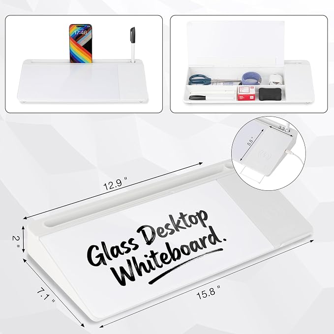 Glass Desktop Whiteboard with Wireless Charger & Storage, Desk Dry Erase Note - Image 3