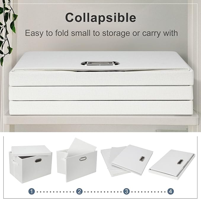 Large 17" 36 Quart Collapsible Stackable Storage Bins with Lids, 5 Packs White Linen Fabric Closet Boxes with Lids, Storage Cube Baskets Container Organizers for Bedroom Office(17 x12 x11)-DeskLoop Office