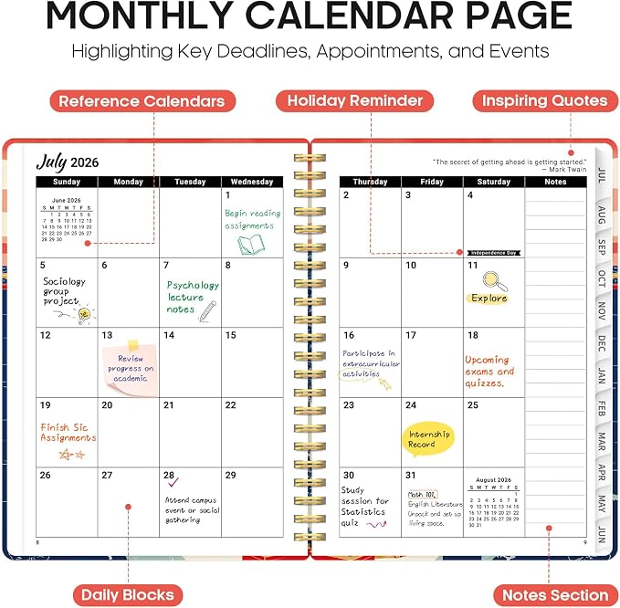 Planner 2026–2027, Academic Monthly Weekly Spiral Calendar, July 2026 – June - Image 2