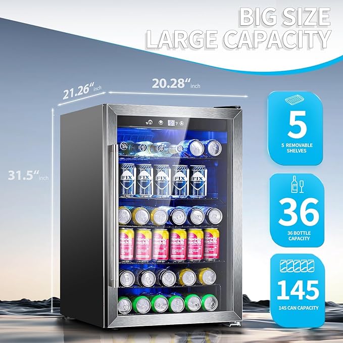 Antarctic Star Beverage Refrigerator,145 Can Mini Fridge,Freestanding wine cooler for Soda Beer or Wine,Glass Door, Small Drink Dispenser Machine, Touch Screen for Home Office or Bar, 4.5 cu.ft-DeskLoop Office