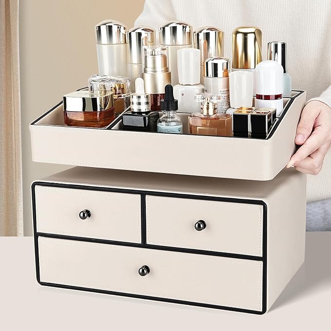 KINGFOM Leather Makeup Organizer with 3 Drawers, 2 Tier Cosmetic Storage Organizer for vanity Dresser Countertop and Bathroom Vanity, Beauty Holder for Lipstick Brush Skincare (Beige)-DeskLoop Office