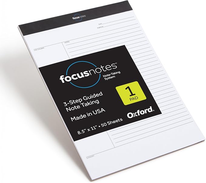 Oxford FocusNotes Writing Pad, 8.5 x 11 Sheets, Guided Note, Cue & Summary by Oxford