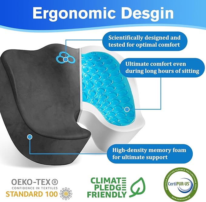 Seat Cushion, Gel Chair Cushions, Office Chair Cushions, Anti-Slip Bottom & Removable Cover Tailbone Pain Relief Cushion, Memory Foam Seat Cushion, 5.28 in Thick (Grey)-DeskLoop Office