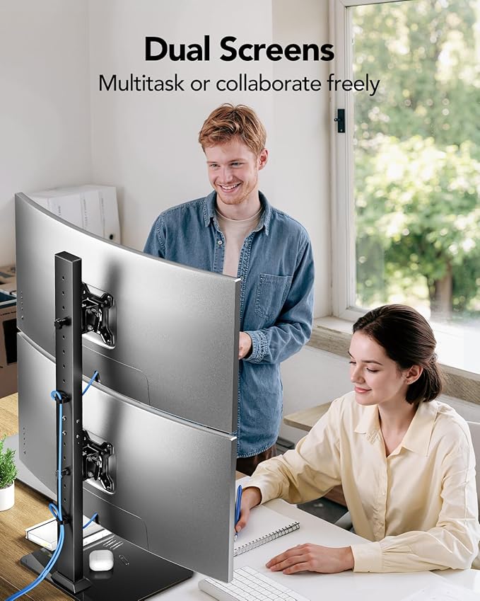 HUANUO Dual Monitor Stand, Vertical Monitor Mount for Two Screens 13 to 34 Inch, Freestanding Monitor Riser with Swivel, Tilt, Rotation and 13 Height Settings, Max Load 44 lbs, Max VESA 100x100-DeskLoop Office