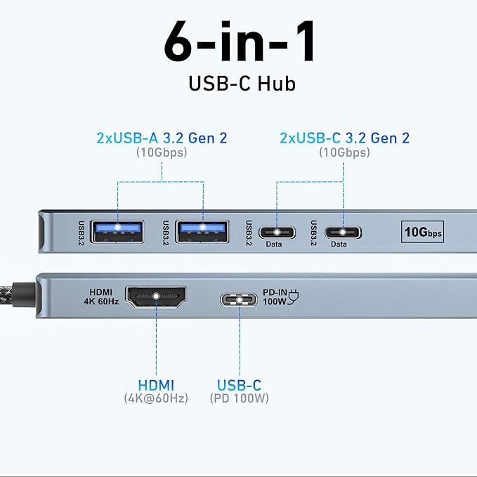 BENFEI USB C HUB 6-in-1 with HDMI(4K@60Hz), 100W Power Delivery, 10Gbps 2*USB-A and 2*USB-C, Silicone Cable, Aluminum Case Compatible with iPhone 15 Pro/Max, MacBook, iPad Pro, iMac, S23, XPS17-DeskLoop Office