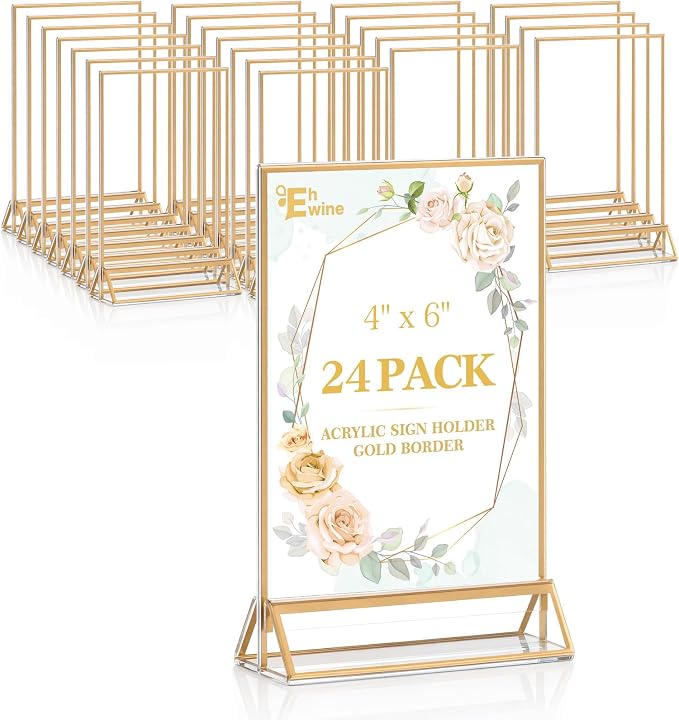 EHWINE 24 Pack Acrylic Sign Holder 4 x 6, Double Sided Gold Picture Frame Stand by EHWINE