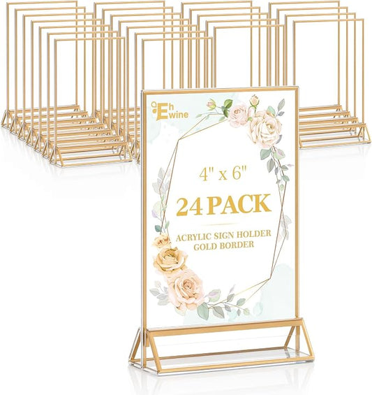 EHWINE 24 Pack Acrylic Sign Holder 4 x 6, Double Sided Gold Picture Frame Stand by EHWINE