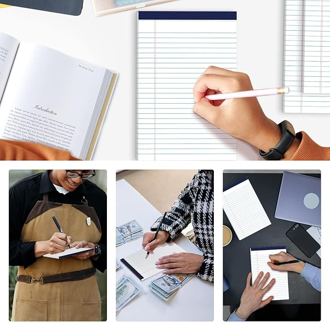 Legal Pads 5" x 8" College Ruled Small Legal Note Pads, 80gsm/21lb White Lined Paper, 30 Sheets per Notepad, 6 Pads per Pack, Perforated To Do List Writing Pads for Versatile Use