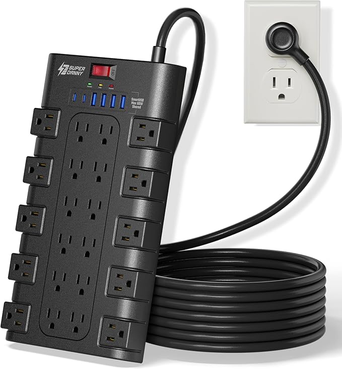 10Ft Power Strip Surge Protector, SUPERDANNY Charging Station 22 Outlets with 45W Type-C Fast Charging USB Ports, 4 USB-A, 2 USB-C, 2100J, 15A/1875W, Flat Plug Extension Cord for Home Office Black-DeskLoop Office