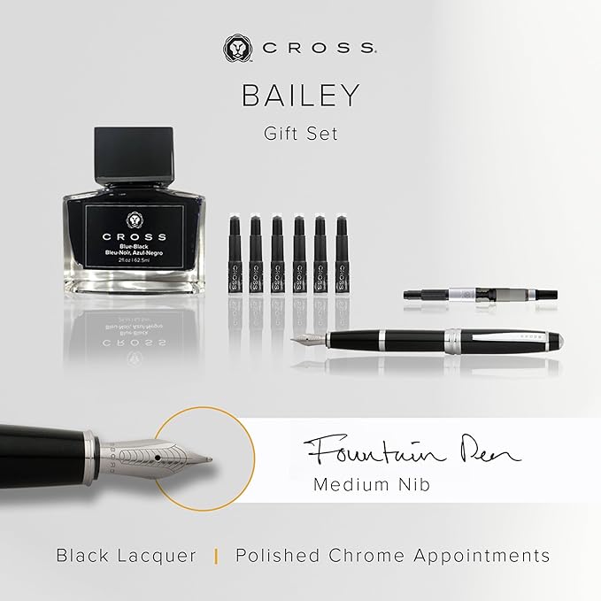 Cross Bailey Refillable Fountain Presented in a Premium Gift Box - Medium Point, Black Ink, Black-DeskLoop Office