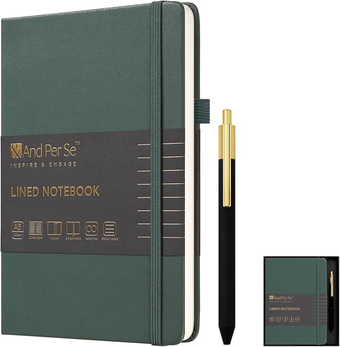 A5 Lined Leather Journal and Pen Set, Hardcover Notebook with Pen, 160 Pages 100gsm Thick Ruled Paper for Men Women, for Work, Business, School or Home Writing, 5.7'' x 8'', Gift Box Included(Green)-DeskLoop Office