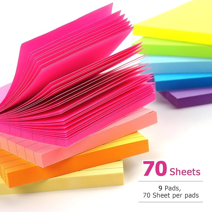 Early Buy Lined Sticky Notes with Lines 3x3 Self-Stick Notes 9 Bright Color 9 Pads, 70 Sheets/Pad-DeskLoop Office