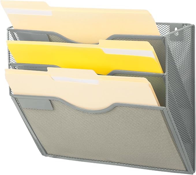 EASEPRES 3 Pocket Mesh Hanging Wall File Organizer, Wall Mounted Mail Paper Document Folder Holder, Clipboard Storage Organization Magazine Rack with Nametag Label for Office Home School, Gray-DeskLoop Office