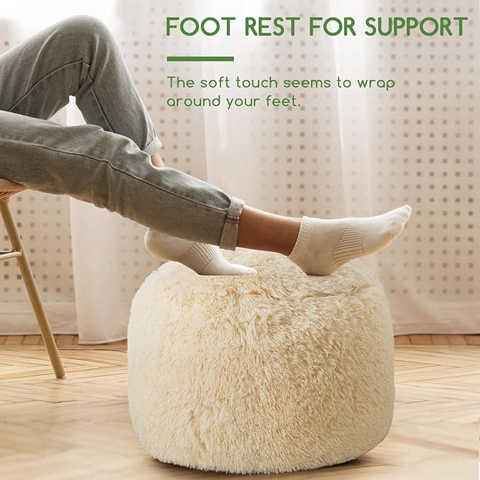 HIGOGOGO Round Stuffed Pouf Ottoman, Long Faux Fur Poufs with Foam Chunk Filling, Fluffy and Furry Pouf Foot Stool Storage Ottoman, 20 X 15 Floor Poufs Foot Rest for Living Room, Beige-DeskLoop Office