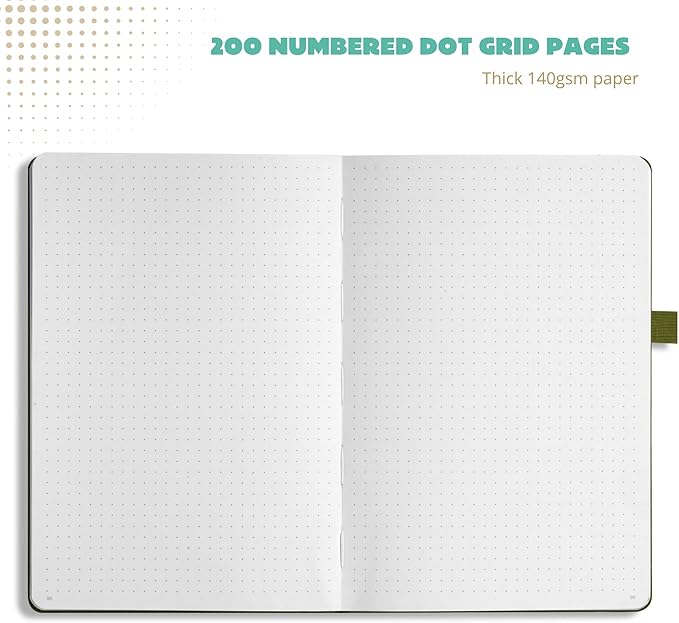 Dotted Journal – 140gsm Bleed Proof Thick White Paper – 200 Numbered Dot Grid Notebook Pages – Lay Flat Binding a5 Dotted Notebook with 3 satin Bookmarks and Expandable Back Pocket-DeskLoop Office