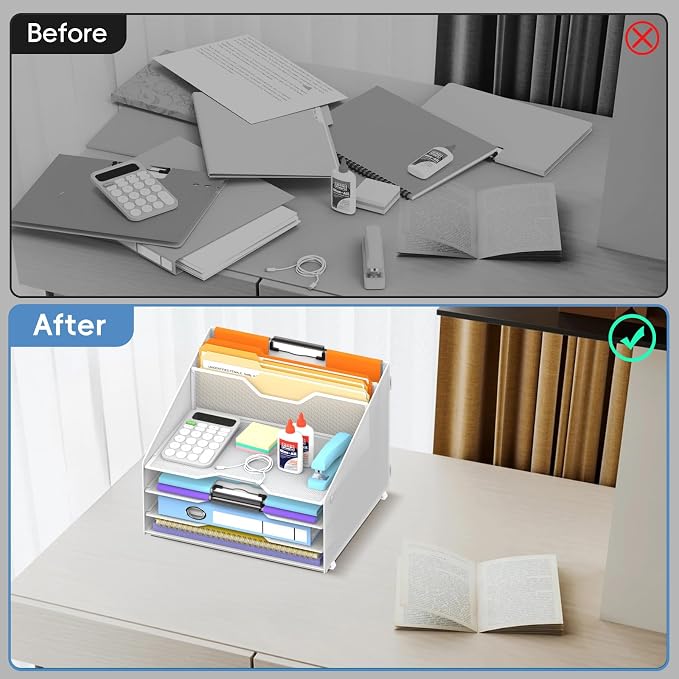Desk File Organizer, 4 Letter Trays and 2 Upright Sections, school and - Image 3