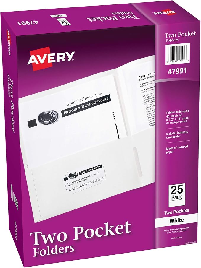 Avery Two Pocket Folders, Holds up to 40 Sheets, Business Card Slot, 25 White by Avery