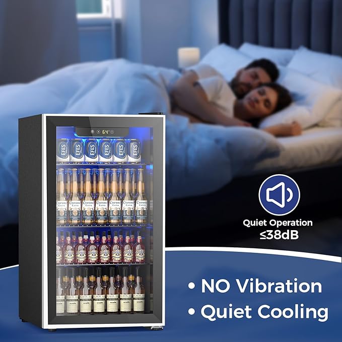 26 Bottle Wine Cooler 130 Can Beverage Refrigerator, Small Freestanding Cabinet Wine Cellar with 40℉-61℉ Temperature Control Glass Door, Black-DeskLoop Office