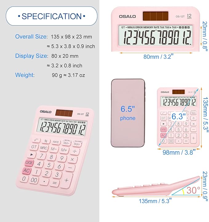 Pocket Small Size Desk Calculator, 12 Digit Large LCD Display, Basic Tax Function Handheld Desktop Calculator with Solar Battery Dual Power, Perfect for Office, School, Business OS-12T (Pink)-DeskLoop Office