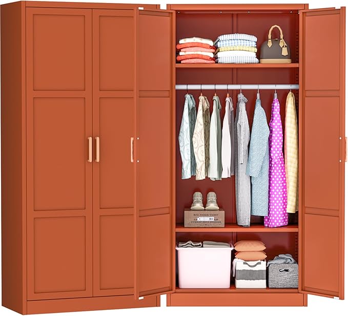 Greenvelly Metal Wardrobe Cabinet with Wooden Handle, 72" Metal Wardrobe Closet with Hanging Rods and Adjustable Shelves, Clothing Storage Closet Cabinet for Home, Office, Employee, Gym (Brown)-DeskLoop Office