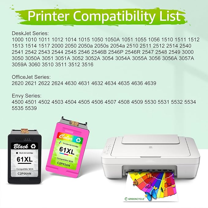 GREENCYCLE 61XL Ink Cartridges Combo Pack Replacement for HP 61 XL Black and Color Ink Compatible with Envy 4500 5530 Deskjet 1000 1056 1510 1512 1010 1055 OfficeJet 4630 Printer,2 Pack-DeskLoop Office
