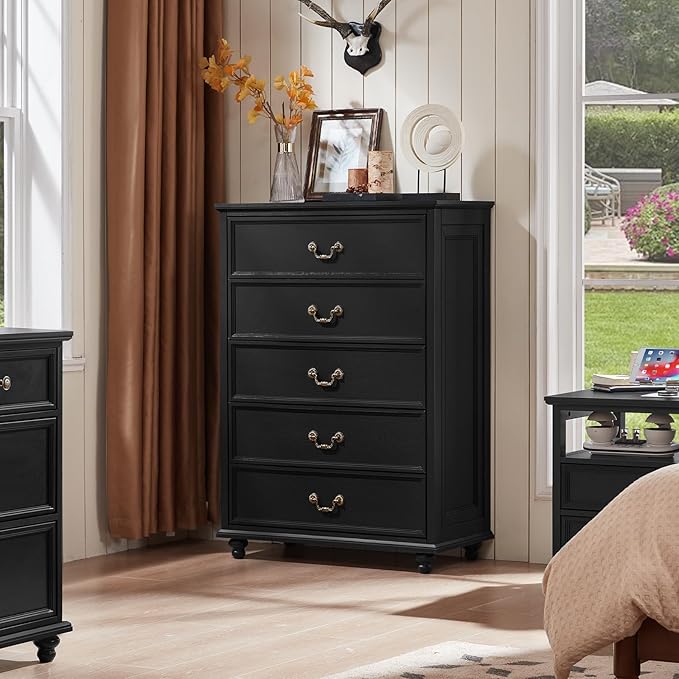 Farmhouse 5 Drawer Dresser for Bedroom, 45" Tall Rustic Chests of Drawers w/ 4 Solid Wood Feet, Mid Century Modern Wooden Closet Storage Dressers Organizer for Living Room, Hallway, Black-DeskLoop Office