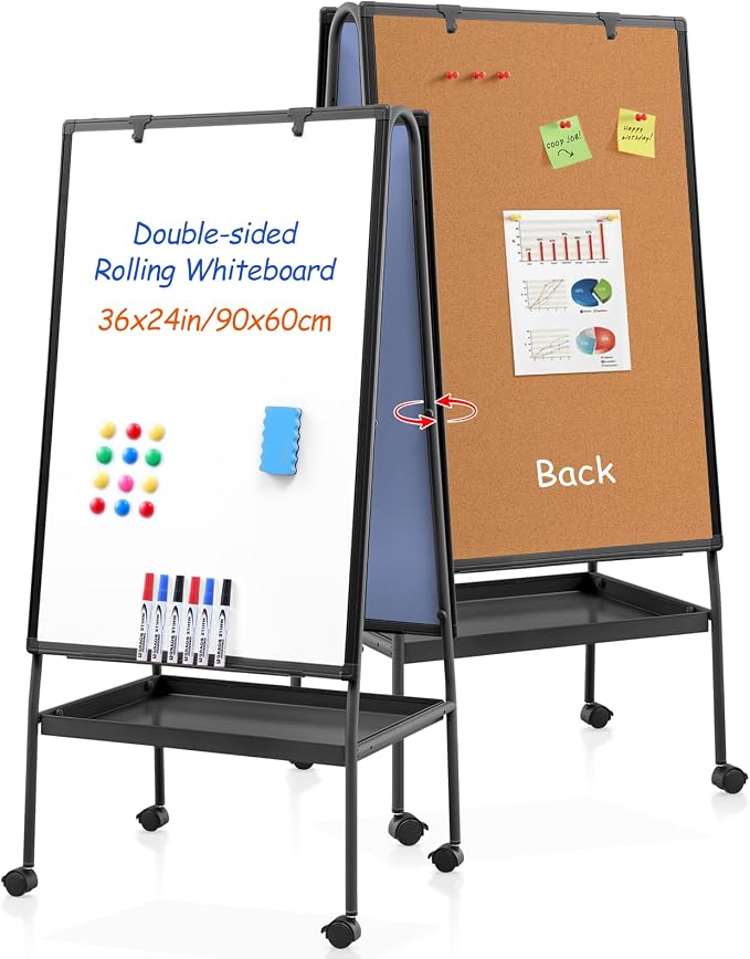 MAKELLO Rolling White Board on Wheels 36x24 in, Double-Side Standing Whiteboard by MAKELLO