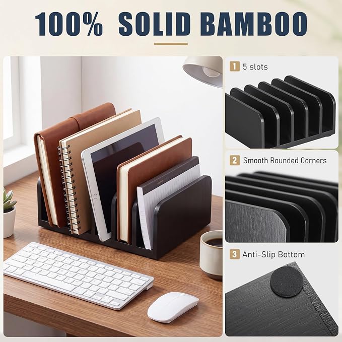 Lineshading Bamboo Letter Organizer, 5 Compartments Desk Mail Organizer - Image 7