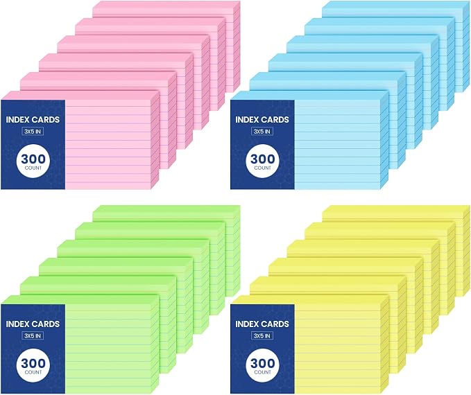 Colored Index Cards 3x5, 4 Bright Notecards 3x5 Lined, 50 Per Color 3 x 5 by Aidunmis