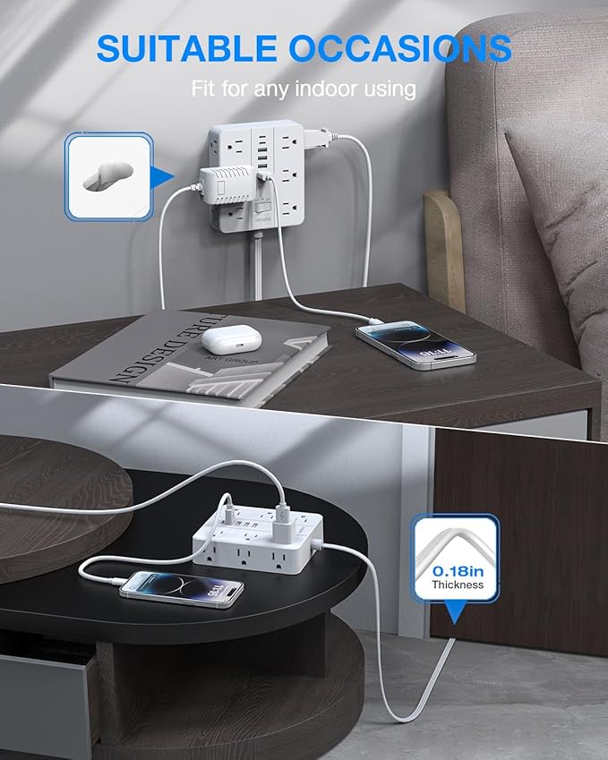 Flat Plug Power Strip Surge Protector, Flat Extension Cord Indoor 20 Feet， HUNIAN 12 Widely Spaced Outlets with 6 USB (2 USB C Ports), Desk Charging Station for Home Office Supplies, White-DeskLoop Office