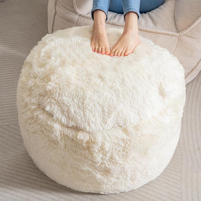 HIGOGOGO Round Stuffed Pouf Ottoman, Long Faux Fur Poufs with Foam Chunk Filling, Fluffy and Furry Pouf Foot Stool Storage Ottoman, 26 X 18 Floor Poufs Foot Rest for Living Room, White-DeskLoop Office
