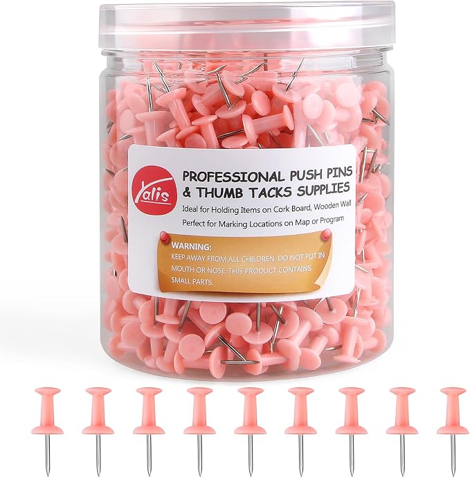 Push Pins 600 Count, Standard Pink Thumb Tacks by Yalis