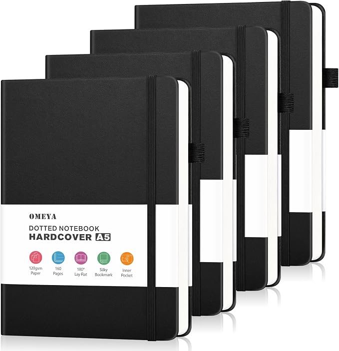 Bullet Dotted Journal Notebook 4 Pack: 160 Pages Per Pack, A5 Medium Size by OMEYA