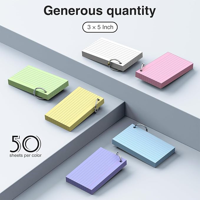 300 Count 3x5 index cards with Ring, Flash Cards 6 Color Assortment, Durable & - Image 2