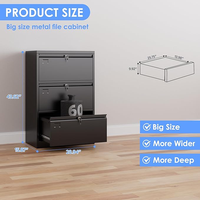 Metal 3 Drawer Lateral File Cabinet with 3 Lock - Wide Filing Cabinet for Letter/Legal/F4/A4 Hanging Files - Includes Business Card Holder,Home Office School Storage,Black-DeskLoop Office