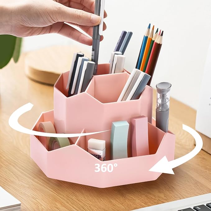 Pencil Pen Holder for Desk, 9 Slots 360 Degree Rotating Desk Organizer, Cute Pen Organizers Stationery Supplies for Office Home & Art Supply (Pink)-DeskLoop Office