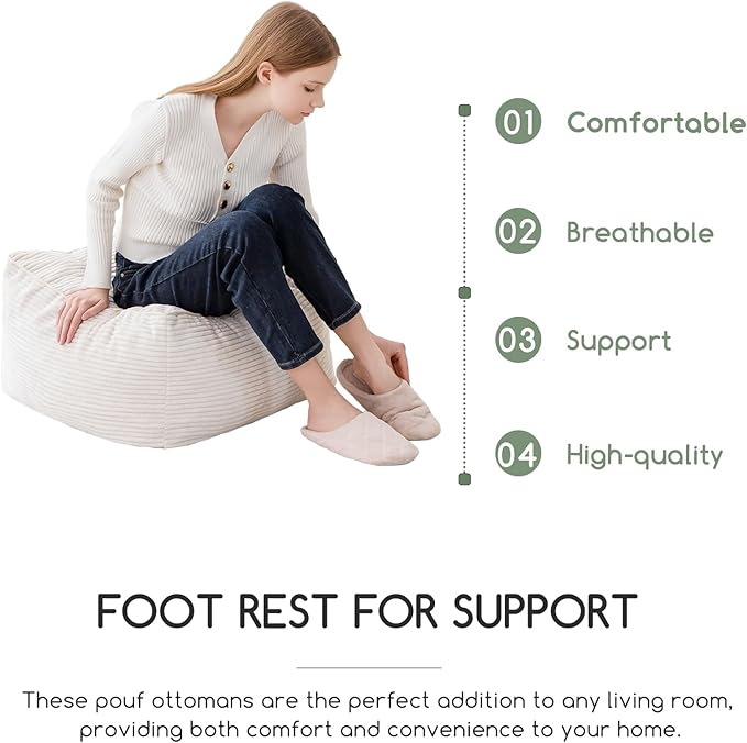 HIGOGOGO Square Stuffed Pouf Ottoman, Corduroy Poufs with Foam Chunk Filling, Furry and Fluffy Pouf Foot Stool Storage Ottoman, 25.6 X 25.6 Floor Poufs Foot Rest for Living Room, Beige-DeskLoop Office
