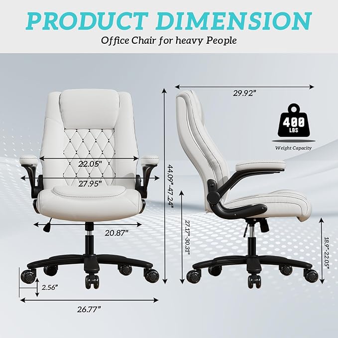 GYI O205P High Back Executive Office Chair, Big and Tall Office Chair 400LBS with Rubber Wheels,Ergonomic Adjustable Computer Desk Chairs with Padded Flip-up Armrests,Lumbar Support (White)-DeskLoop Office