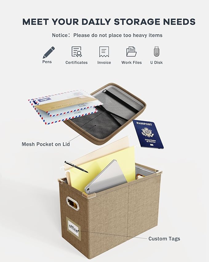 Oterri Hanging Filing File Box with Mesh Pocket, File Organizer Box with Lid, Collapsible Document Organizer Box for Letter Size, Easy Slide Durable Storage Box for Office/Decor/Home (2 PCS, Khaki)-DeskLoop Office