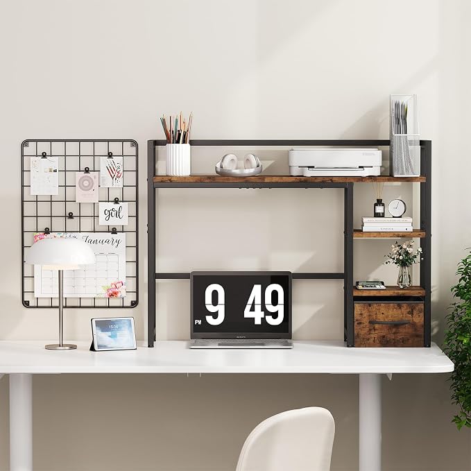 Marbrasse Desk Shelf with Drawer, Wooden Desktop Bookshelf Storage Rack - Image 5