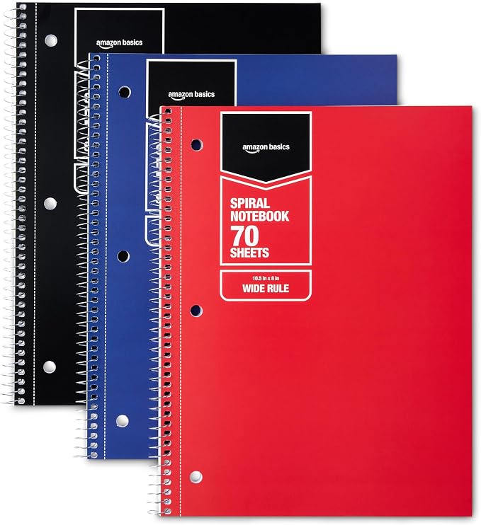 Amazon Basics Wide Ruled Spiral Notebooks, 70 Sheets, 7-1/2" x 10-1/2" by AmazonBasics