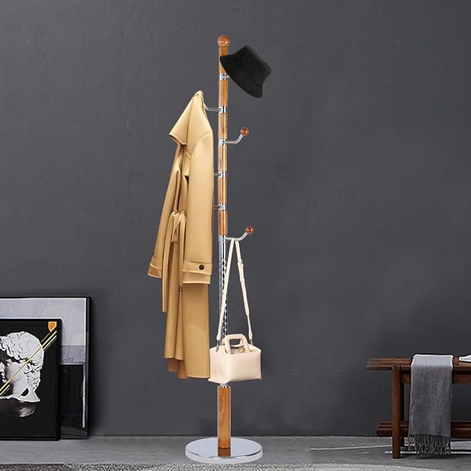 Coat Racks FreeStanding with 14 Hooks, Natural Wood Coat Rack with Solid Round Base, Adjustable Height Coat Racks, Easy Assembly for Hallway, Bedroom and Office (Solid Wood Metal Hook)-DeskLoop Office