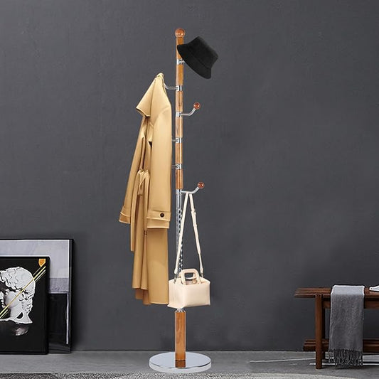 Coat Racks FreeStanding with 14 Hooks, Natural Wood Coat Rack with Solid Round Base, Adjustable Height Coat Racks, Easy Assembly for Hallway, Bedroom and Office (Solid Wood Metal Hook)-DeskLoop Office
